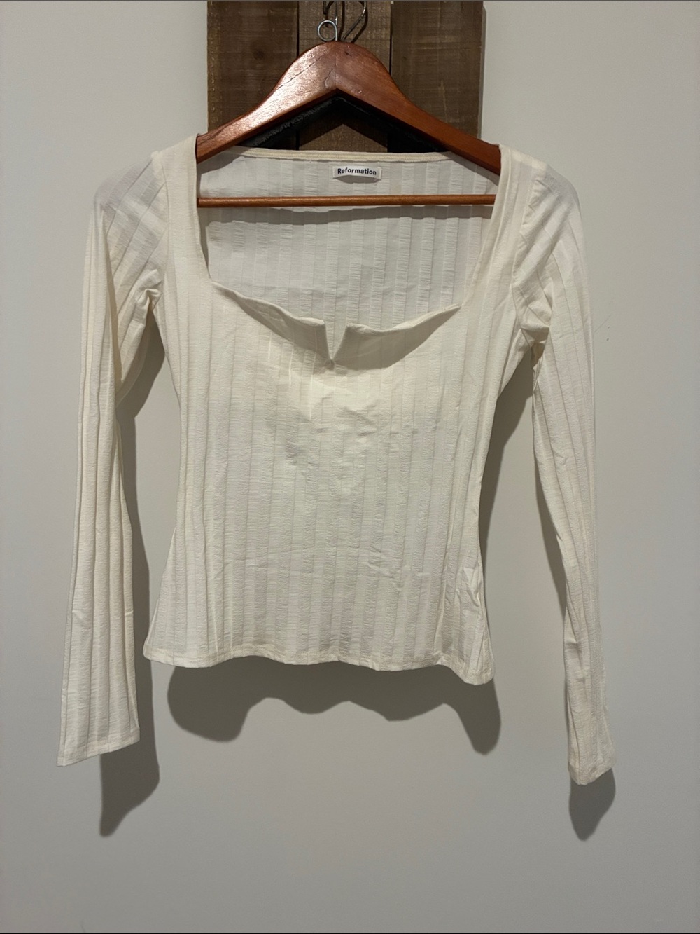 Reformation Cream Ribbed Square-Neck Long Sleeve Top